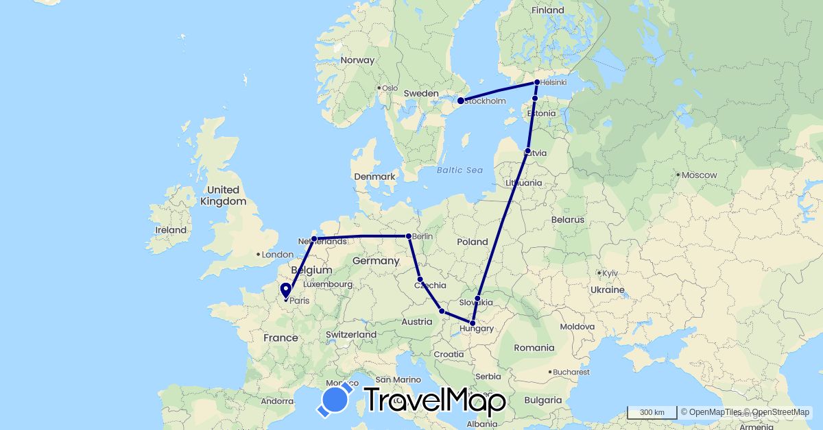 TravelMap itinerary: driving in Austria, Czech Republic, Germany, Estonia, Finland, France, Hungary, Latvia, Netherlands, Sweden, Slovakia (Europe)