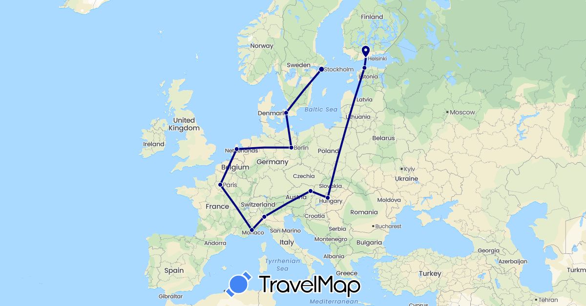 TravelMap itinerary: driving in Austria, Germany, Denmark, Estonia, Finland, France, Hungary, Italy, Netherlands, Sweden (Europe)